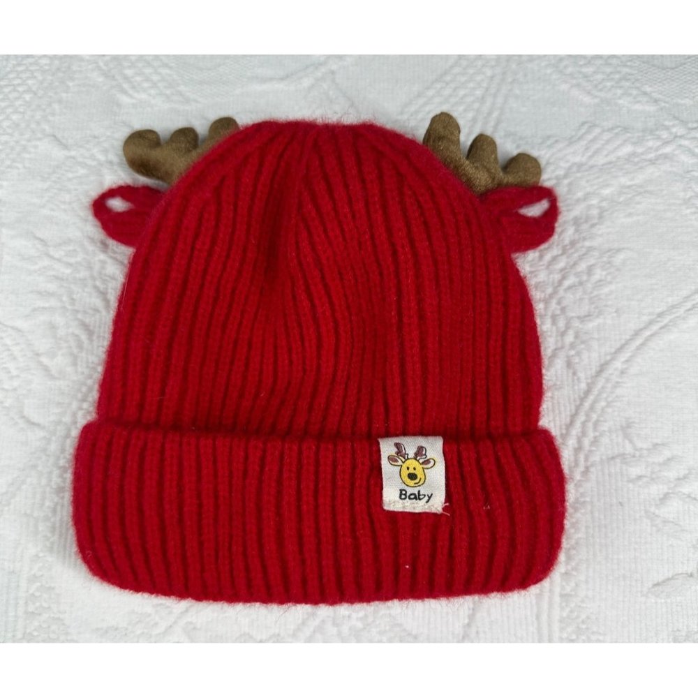 Baby Red Antler Beanie Soft Lined Size 0-6 months